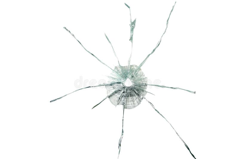 Bullet hole in the thick glass stock images