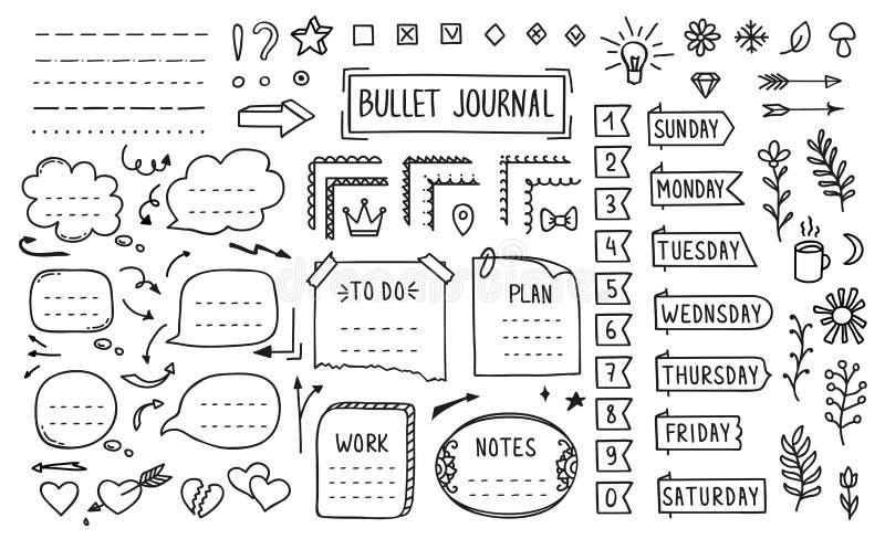 Bullet Journal, Doodle Diary Elements, Stickers Stock Vector ...