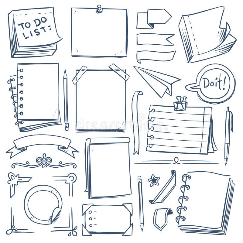 Bullet journal sketch elements. Notebook, girly diary and paper frames. Hand drawn vintage labels and banners. Vector