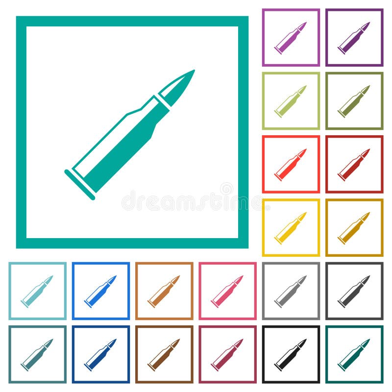 Bullet rifle ammo with gloss flat color icons with quadrant frames stock illustration