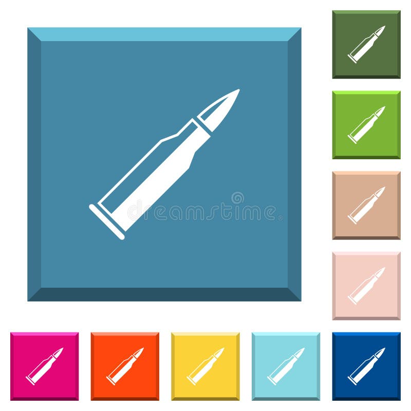 Bullet rifle ammo with gloss white icons on edged square buttons vector illustration