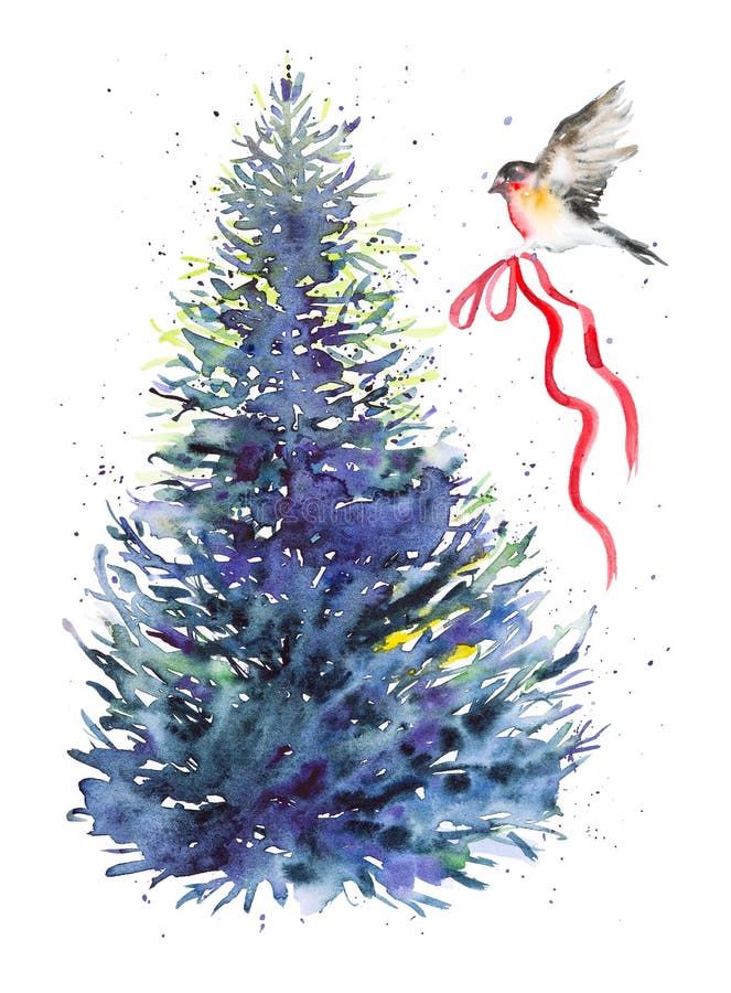 Bullfinch bird flies up to the Christmas tree with a festive red ribbon. Watercolor illustration isolated on white background