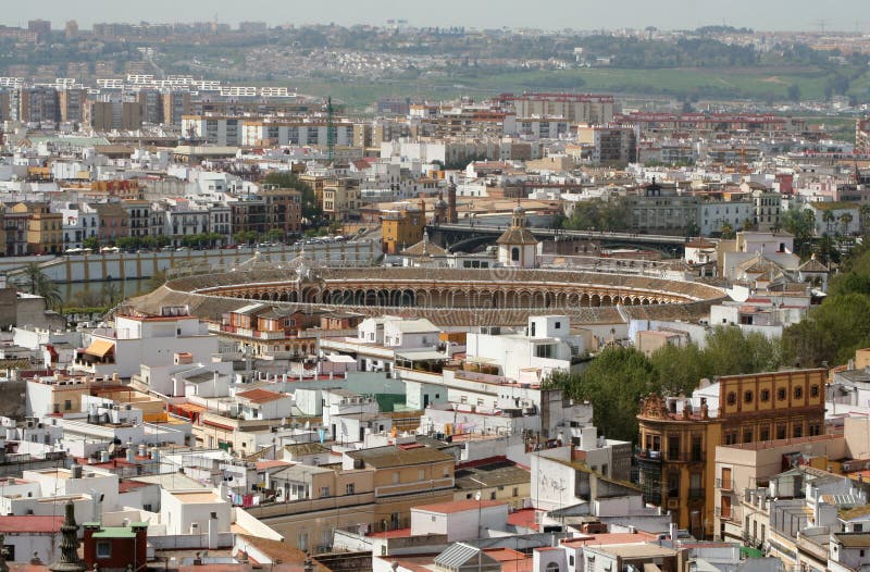 Bullring. Aerial view of rooftops and bullring in Seville, Spain stock photos