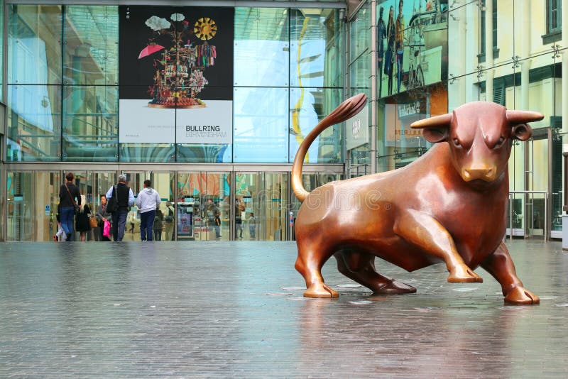 Bullring, Birmingham, United Kingdom. The bronze bull at the entrance to the Bullring, shopping centre, Birmingham, United Kingdom. The Bull Ring is a major royalty free stock photos Bullring, Birmingham, United Kingdom. The bronze bull at the entrance to the Bullring, shopping centre, Birmingham, United Kingdom. The Bull Ring is a major royalty free stock photos