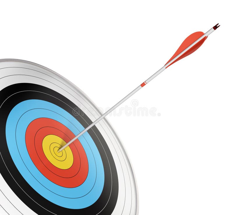Official competition target with a red arrow hitting the center. Angle of page, 3d render isolated over white background. Official competition target with a red arrow hitting the center. Angle of page, 3d render isolated over white background.