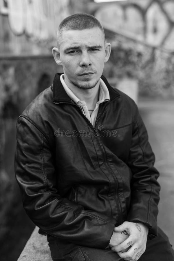 Bully Criminal in Black Leather Jacket. Black and White Photo Stock ...