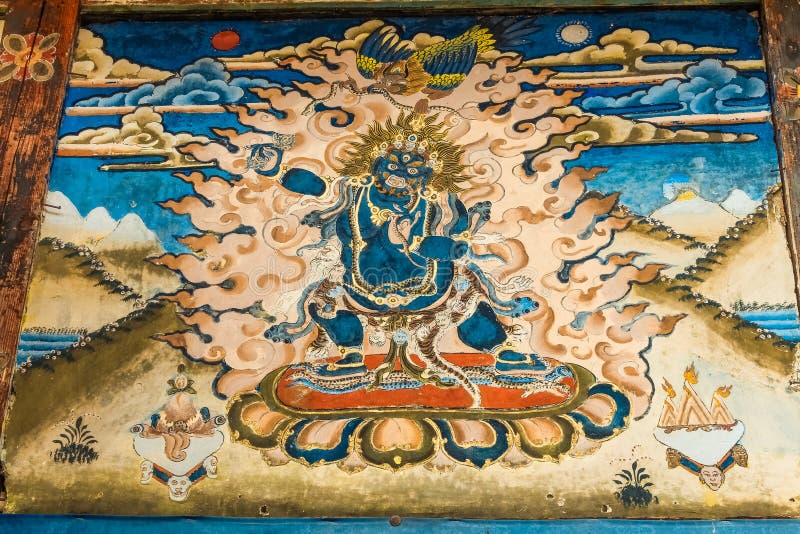 Bumthang, Bhutan - September 14, 2016: Wrathful Bodhisattva Vajrapani on Tibetan tangka painting in a temple in Bumthang, Bhutan