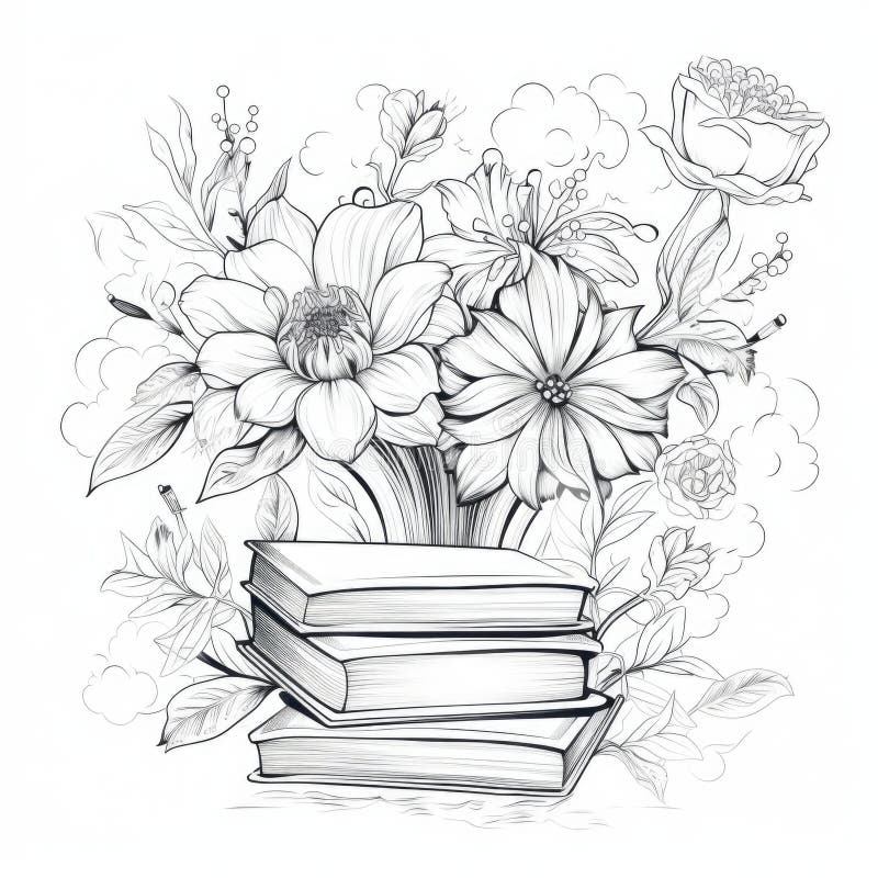 A bunch of books and flowers in a vase royalty free illustration