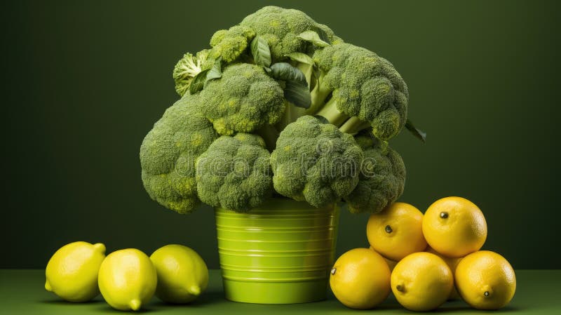A bunch of broccoli and lemons on a table. Generative AI image. stock illustration