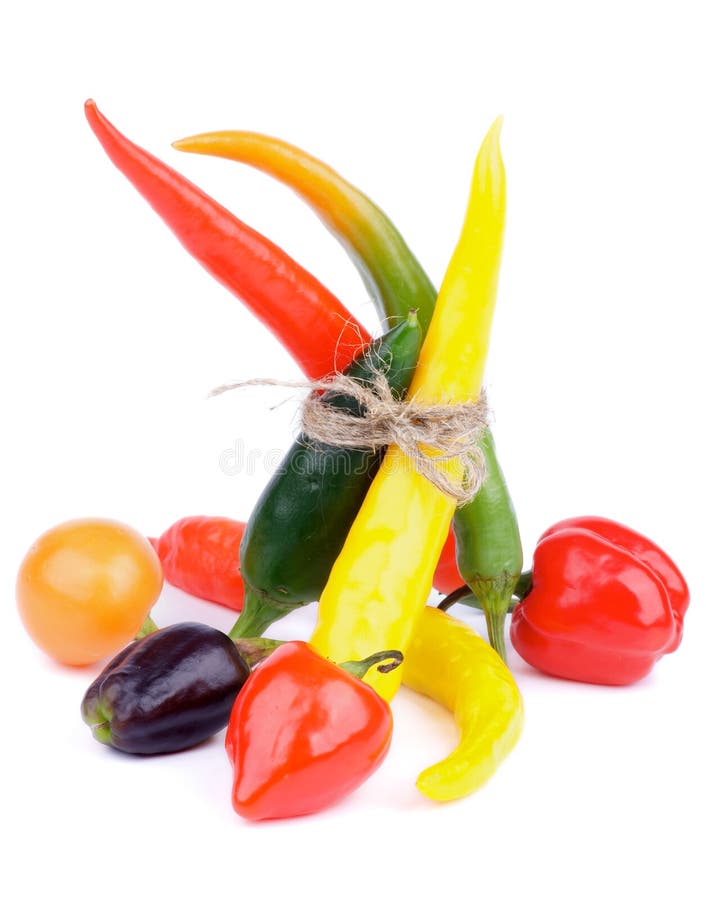 Bunch of Various Chili Peppers with Rawit, Fresno, Orange and Red Habanero, Green Jalapeno, Red and Black Santa Fee and Dutch Chili isolated on white background. Bunch of Various Chili Peppers with Rawit, Fresno, Orange and Red Habanero, Green Jalapeno, Red and Black Santa Fee and Dutch Chili isolated on white background