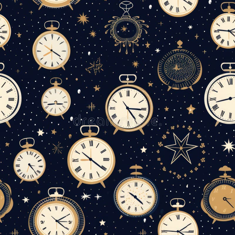 A bunch of clocks that are on a black background. Seamless pattern. royalty free illustration