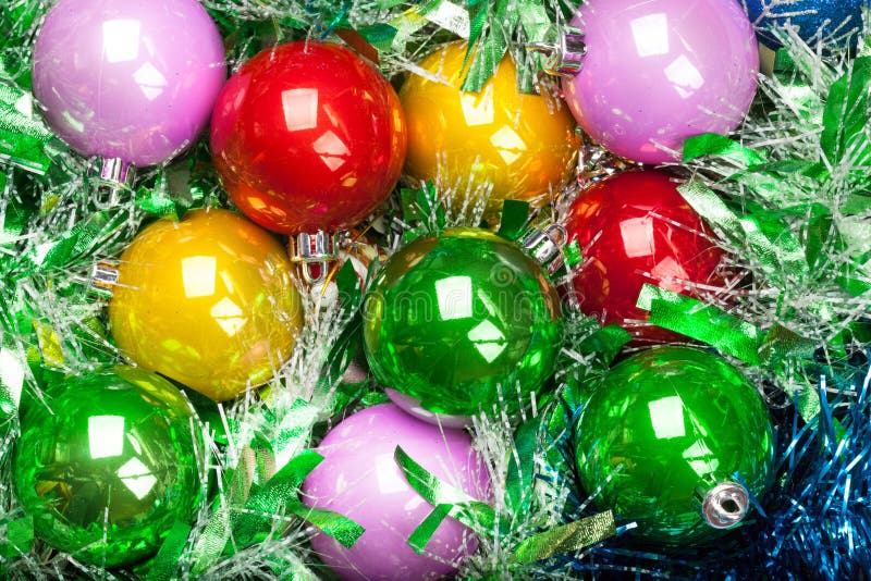 Bunch of Colorful Christmas Baubles and Tinsel Stock Image Image of