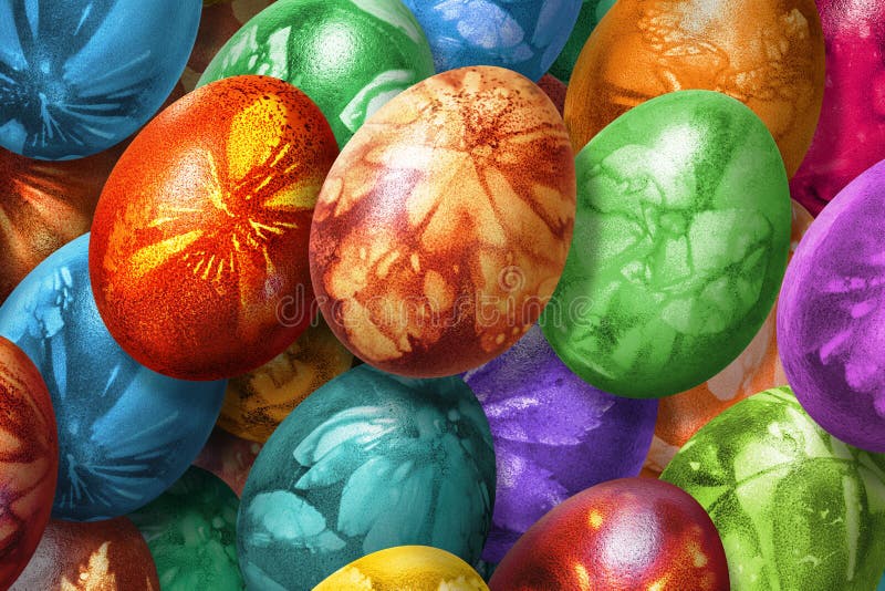 Bunch Of Colorful Hand Painted Easter Eggs Decorated With Weed Leaves Imprints