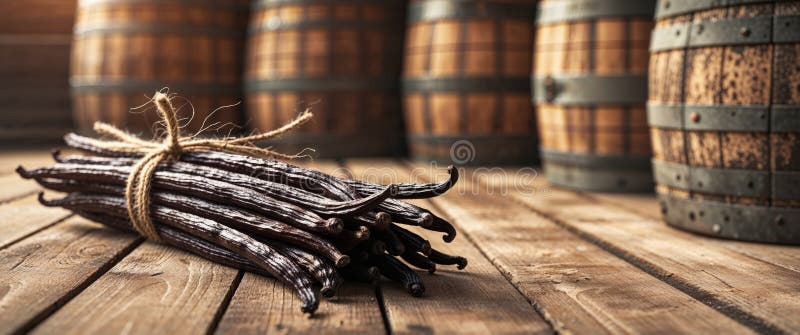 Bunch of Dark Brown Vanilla Beans Tied with Twine Surrounded by Rustic Stacked Wooden Casks in a Farmhouse Style Setting stock photography