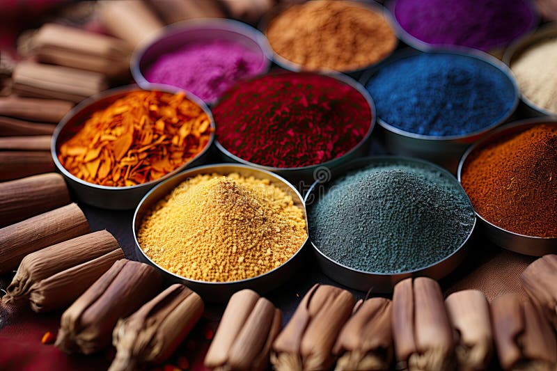 A bunch of different colored spices in bowls royalty free illustration