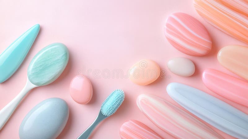 A bunch of different colored toothbrushes and other items on a pink background, AI vector illustration