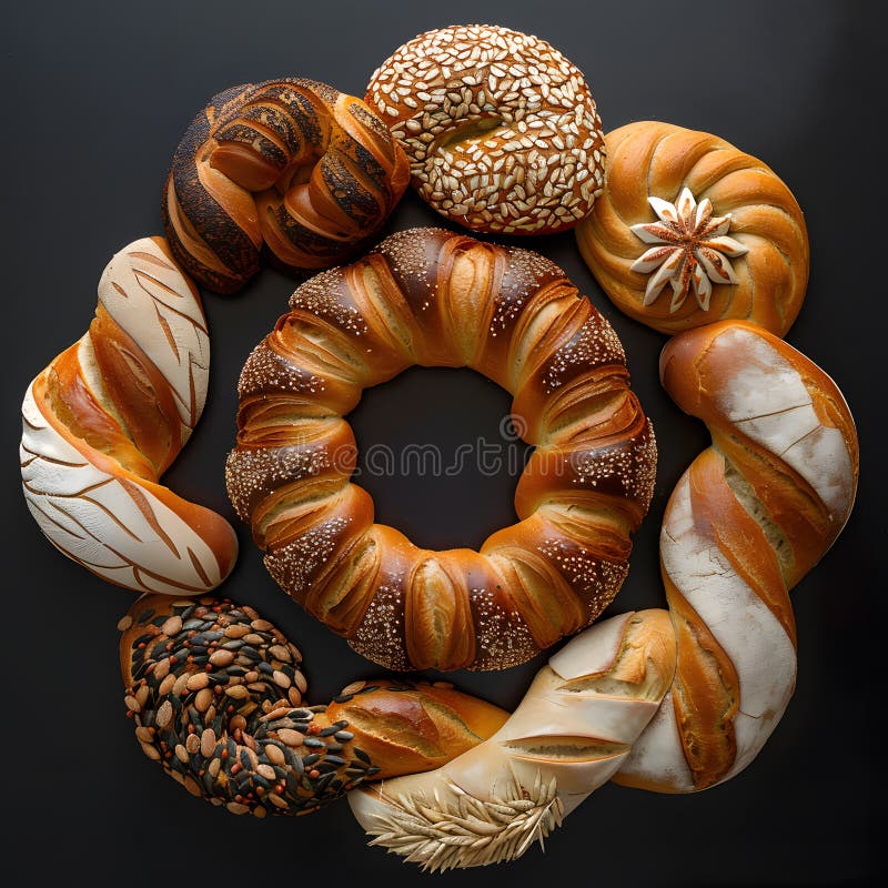 Assorted bread varieties arranged in a circular pattern. a bunch of different types of bread are arranged in a circle High quality AI generated