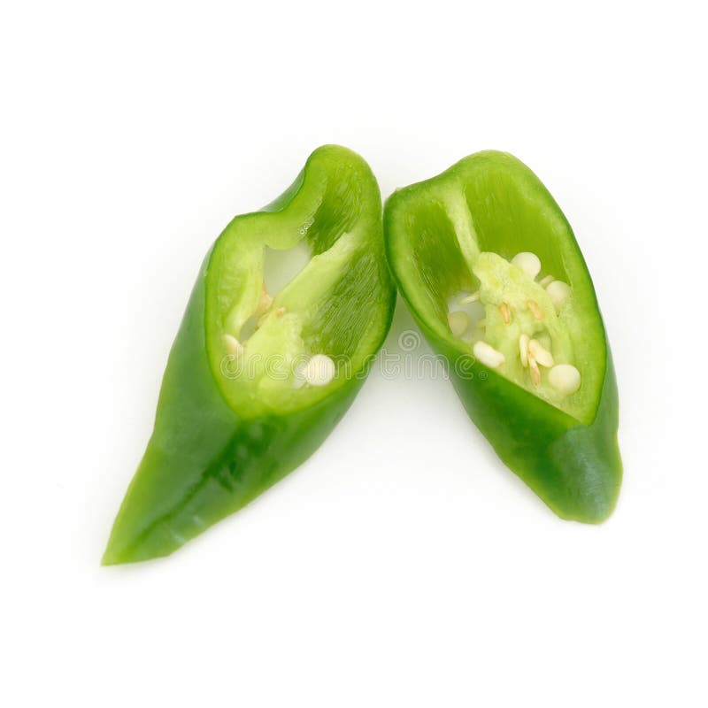Bunch of Fresh Green Chili Peppers on a White Background Stock Image
