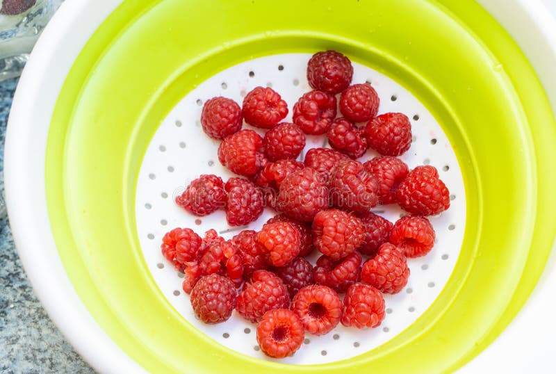 Bunch of Fresh Raspberries in a Sieve Stock Image Image of delicious