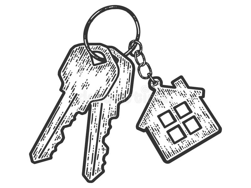 Bunch of keys with a keychain house. Sketch scratch board imitation. Black and white. Engraving vector illustration.