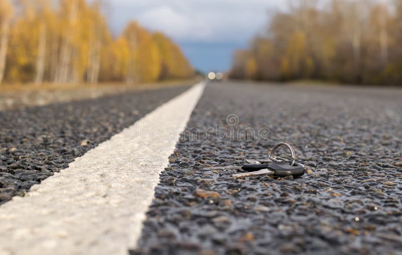 A bunch of keys lies on the asphalt surface of the roadway stock photography