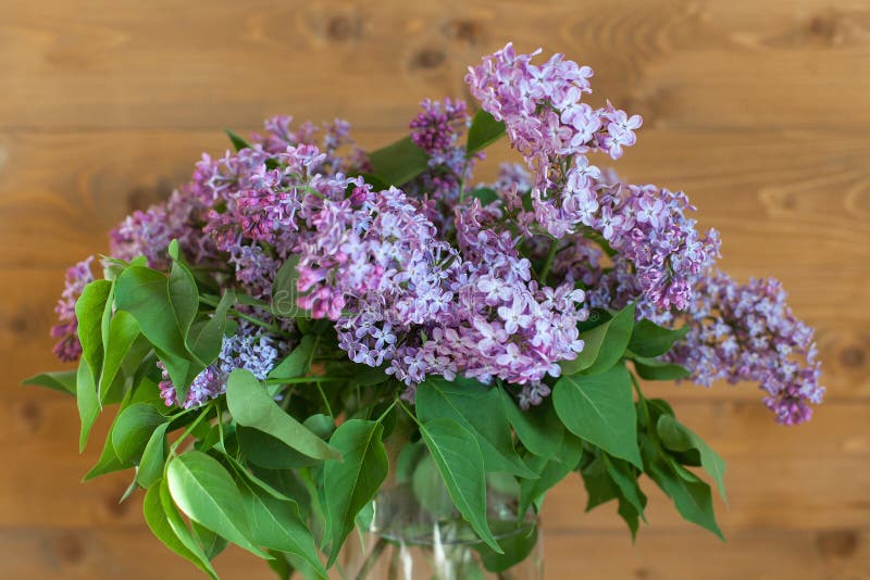 Bunch lilac in vase on table. aroma