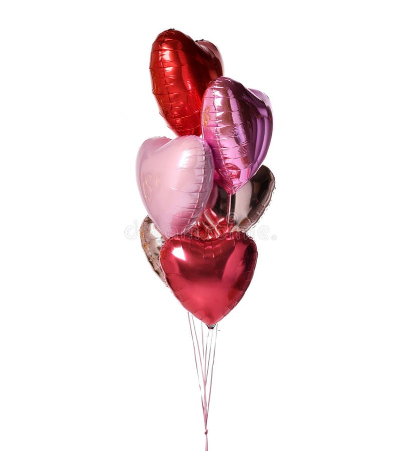 Bunch of metallic red pink heart balloons composition objects for birthday or valentines party isolated on a white background