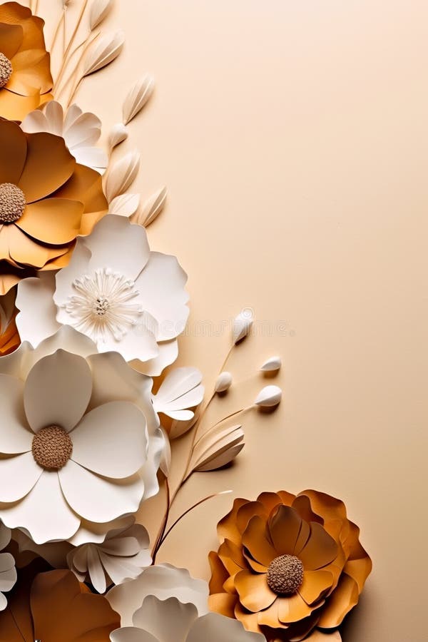 A bunch of paper flowers on a beige background. Generative AI image. royalty free illustration