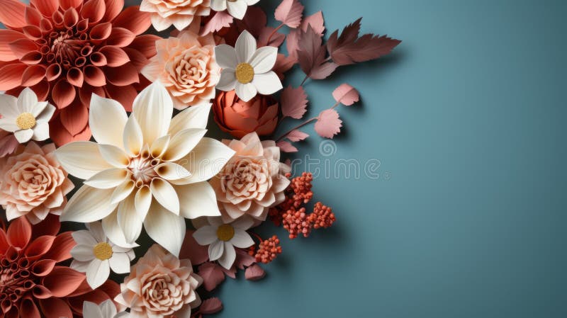 A bunch of paper flowers on a blue background royalty free illustration