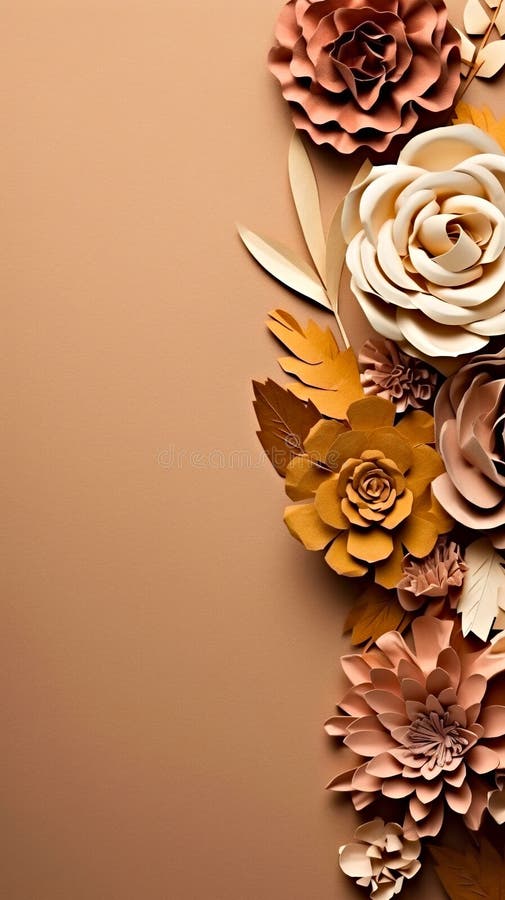A bunch of paper flowers on a brown background. Generative AI image. stock illustration