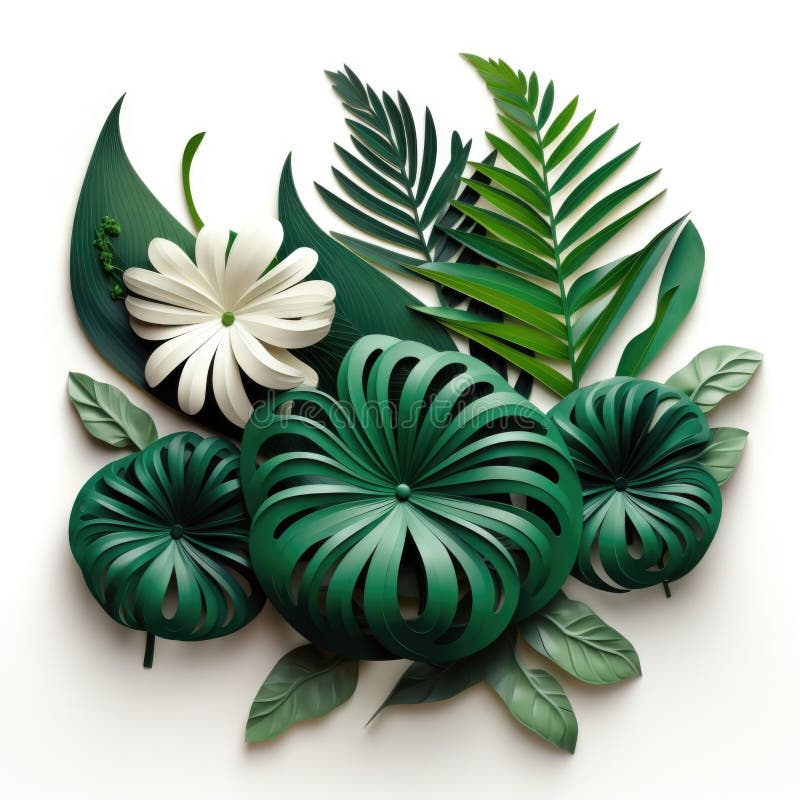 A bunch of paper flowers and leaves on a white surface stock illustration