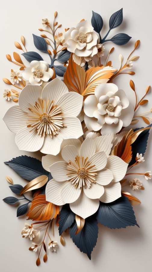 A bunch of paper flowers on a white surface stock illustration
