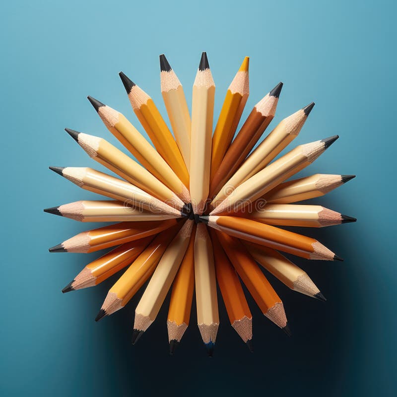 A bunch of pencils arranged in a circle. Generative AI image. stock illustration