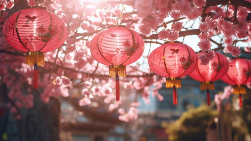 A bunch of pink lanterns hanging from a tree stock image