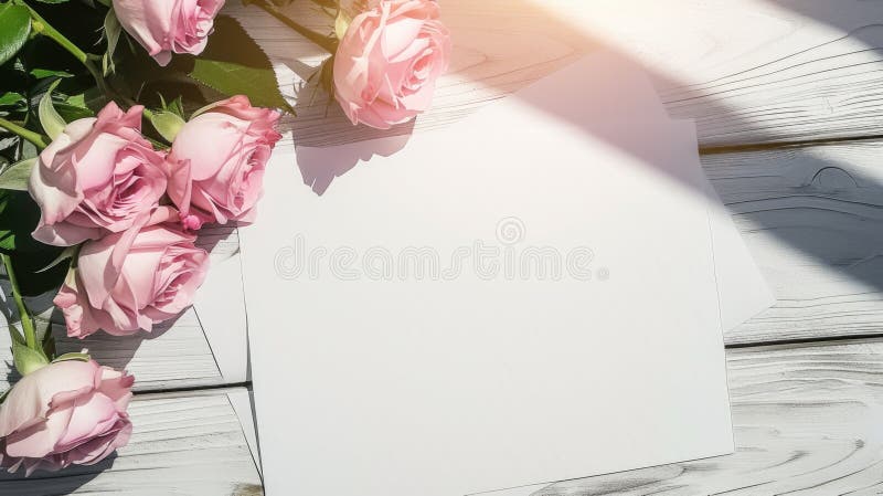 A bunch of pink roses sitting next to a piece of paper royalty free stock image