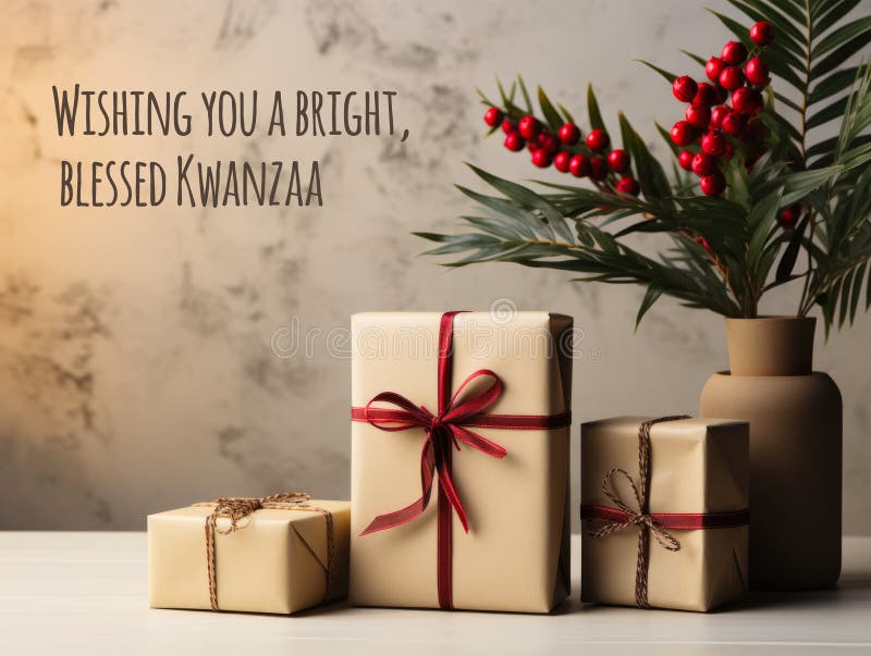 A bunch of presents sitting on top of a table. Kwanzaa celebration decor. royalty free stock photo
