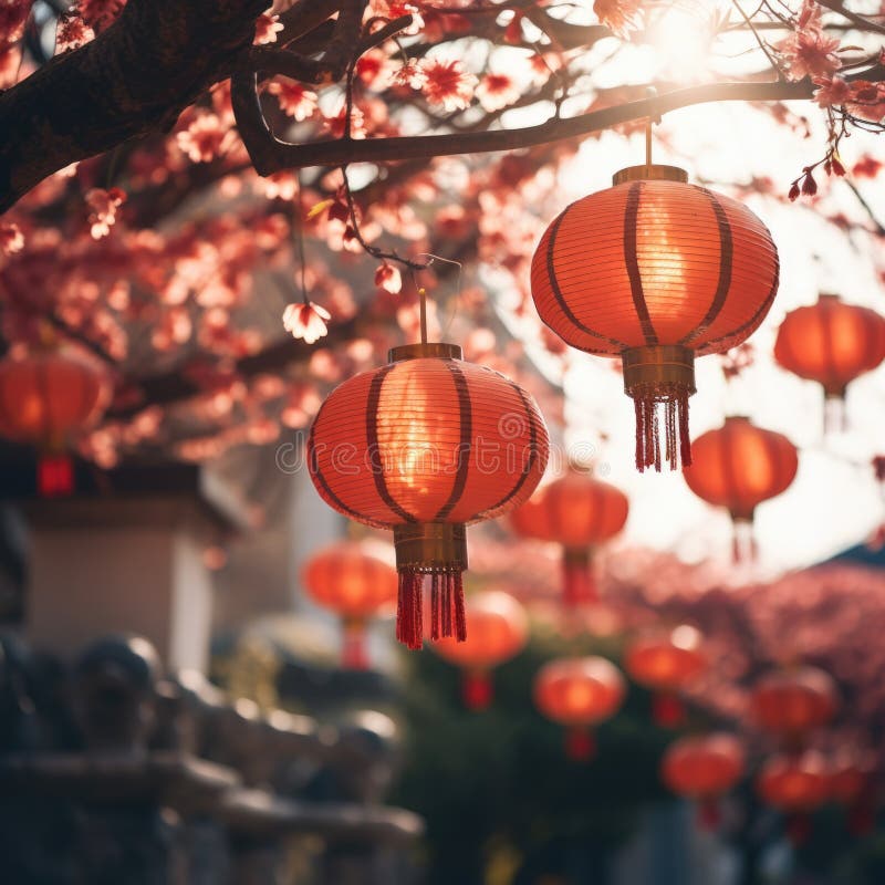 A bunch of red lanterns hanging from a tree stock photography