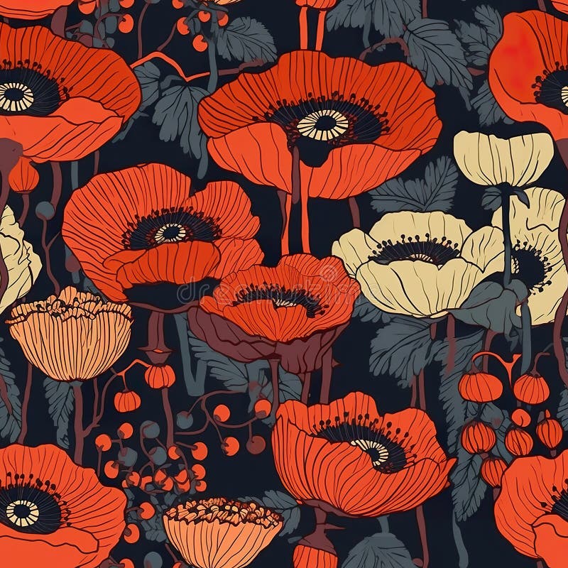 A bunch of red and white flowers on a black background. Generative AI image. stock illustration