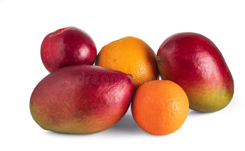 A bunch of ripe fruit. Mango, orange, mandarin and apple