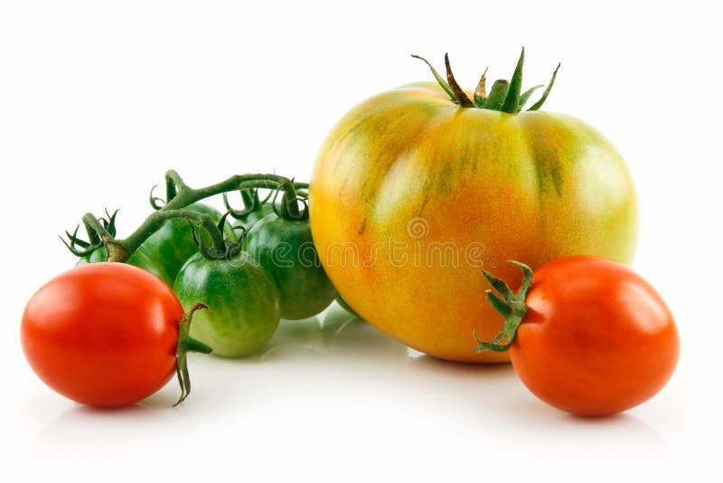 Bunch of Ripe Yellow, Red, Green Tomatoes Isolated