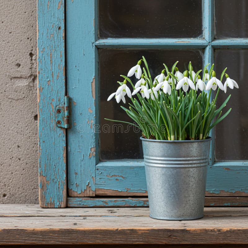 A bunch of snowdrops is arranged in a weathered, silver-colored metal pot on a rustic wooden ledge. stock illustration