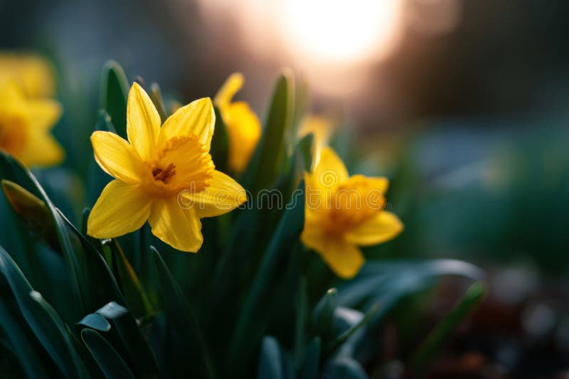 A bunch of yellow daffodils in a field of green leaves stock image