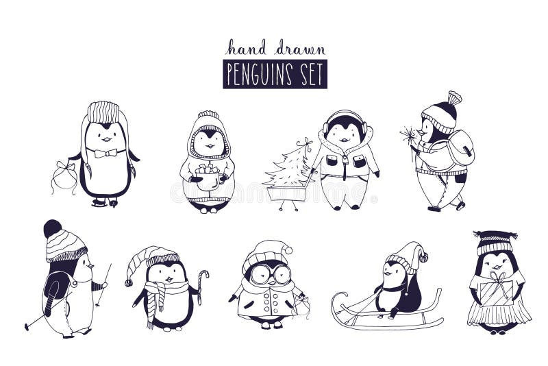 Bundel van van het babyjongen en meisje pinguïnen die de winterkleding dragen die en hoeden in zwart-wit kleuren worden getrokken stock illustratie Bundel van van het babyjongen en meisje pinguïnen die de winterkleding dragen die en hoeden in zwart-wit kleuren worden getrokken stock illustratie