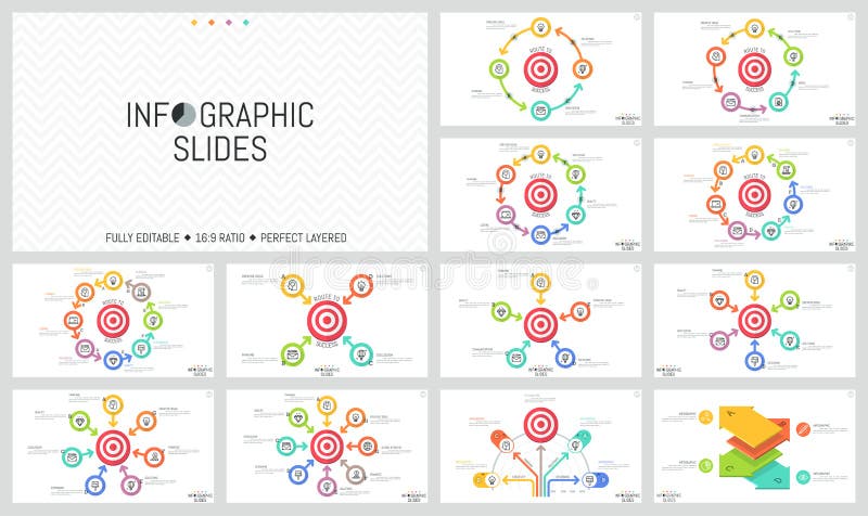 Bundel van minimalistische infographic ontwerplay-outs Ronde die elementen met pijlen rond het schieten van doel, doel worden gep royalty-vrije illustratie Bundel van minimalistische infographic ontwerplay-outs Ronde die elementen met pijlen rond het schieten van doel, doel worden gep royalty-vrije illustratie
