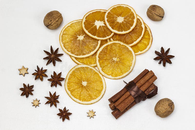 Bundle of Cinnamon Sticks. Orange Chips and Star Anise Stock Image