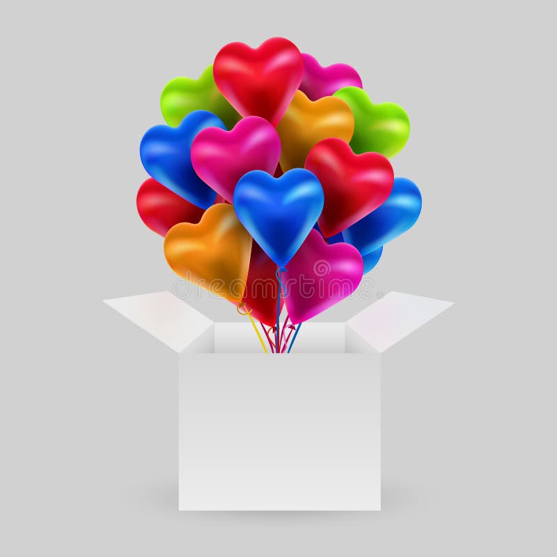 Bundle of colorful balloons in the shape of a heart with an open box. Valentine Day. The concept of love. vector illustration Bundle of colorful balloons in the shape of a heart with an open box. Valentine Day. The concept of love. vector illustration