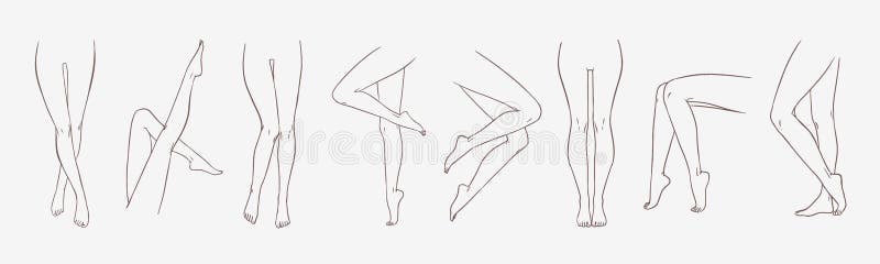 Bundle of female legs in different poses or postures hand drawn with contour lines. Collection of elegant drawings of