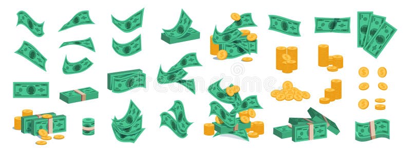 Bundle of money. Golden coins and green dollar banknotes, 3D pile of flat money cash. Vector set of currency stack royalty free illustration Bundle of money. Golden coins and green dollar banknotes, 3D pile of flat money cash. Vector set of currency stack royalty free illustration