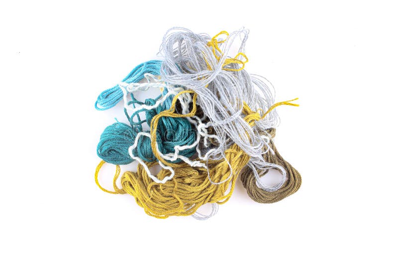 Bundle of Tangled Colorful Textile Strings Isolated on White Background