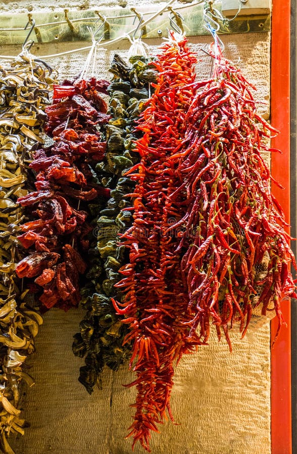 Sun Dried Vegetables Hanging Up At Turkish Grocery Stock Photo Image